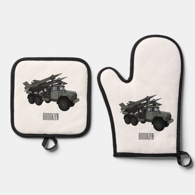 Missile vehicle cartoon illustration oven mitt & pot holder set (Front)