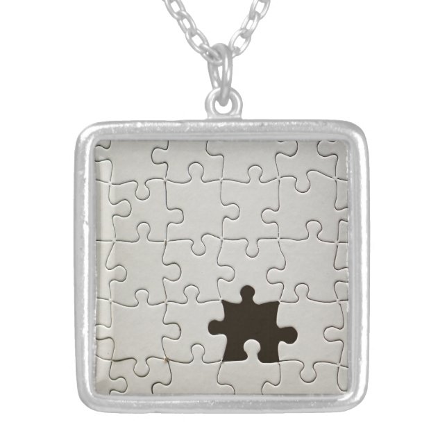 Missing Jigsaw Puzzle Piece White Silver Plated Necklace (Front)