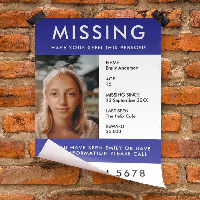 Missing Person | Modern Blue Photo Poster Flyer (Creator Uploaded)