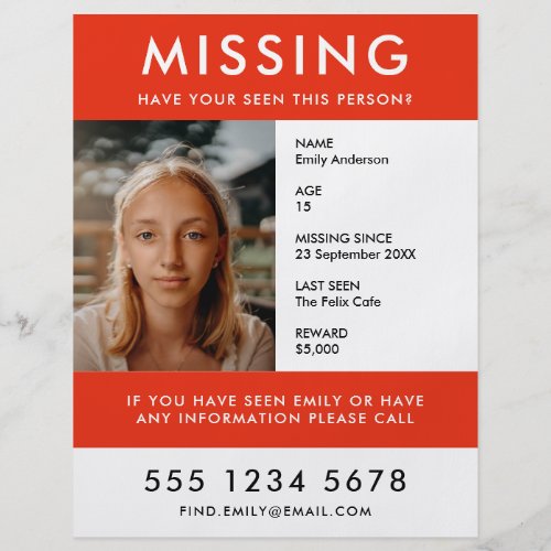 Missing Person  Modern Red Photo Poster Flyer