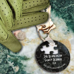 Missing Puzzle Piece Black White Family Reunion Keychain<br><div class="desc">This key chain features a close-up photograph of a black segment of a jigsaw puzzle that is missing one piece. Personalize template text, delete any or all text or edit using the design tool to select a font style, size, and color you prefer. This will be a fun gift for...</div>