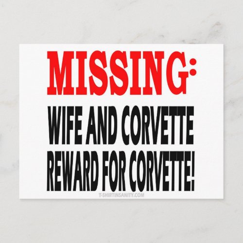 Missing Wife  Corvette Reward for Corvette Postcard