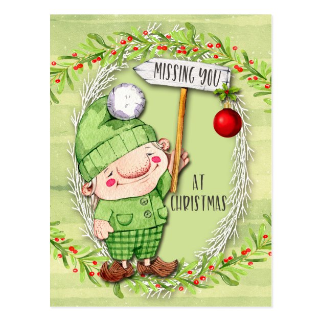 Missing You At Christmas Cute Gnome Postcard