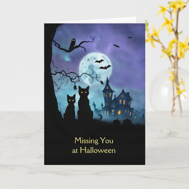 Missing You at Halloween Cute Cats Owl Bats Card (Yellow Flower)