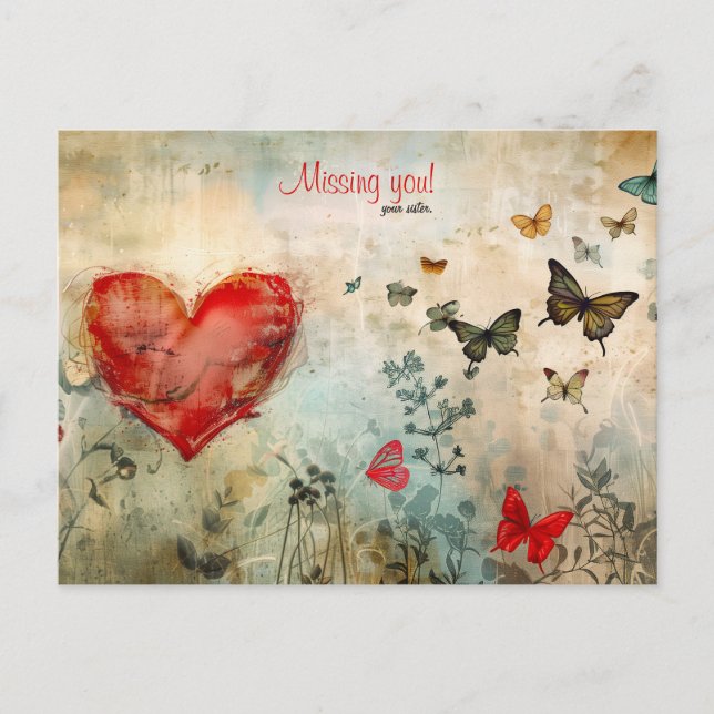Missing You Butterfly and Heart Holiday Postcard (Front)