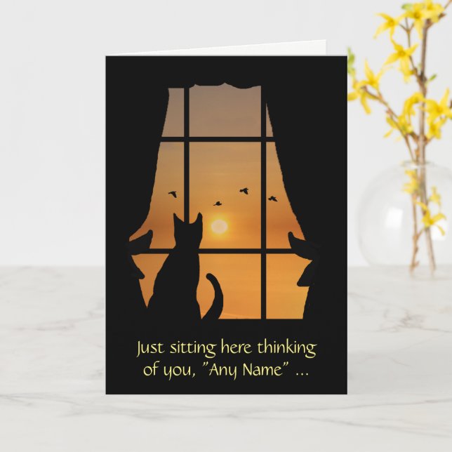 Missing You Cat in Window Custom Name Card (Yellow Flower)