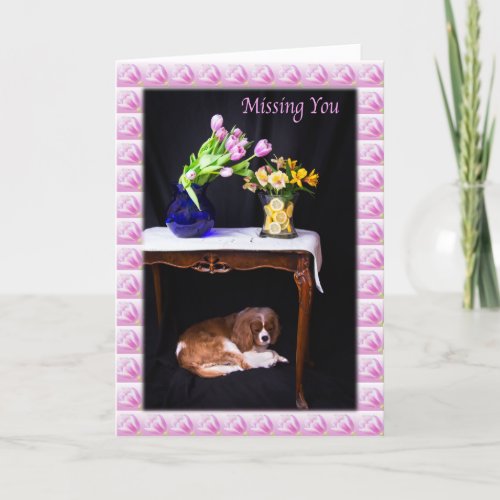 Missing You Cavalier King Charles With Flowers Card