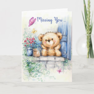 Missing You, Cute Bear at Window looking butterfly Card