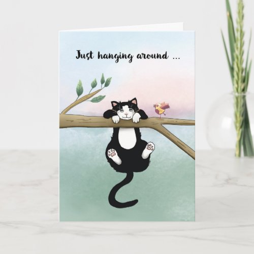 Missing You Hanging Around Cute Cat with Bird Card