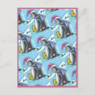 MISSING YOU, LONELY HEART PENGUIN WHIMSY HOLIDAY POSTCARD