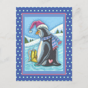 MISSING YOU, LONELY HEART PENGUIN WHIMSY HOLIDAY POSTCARD