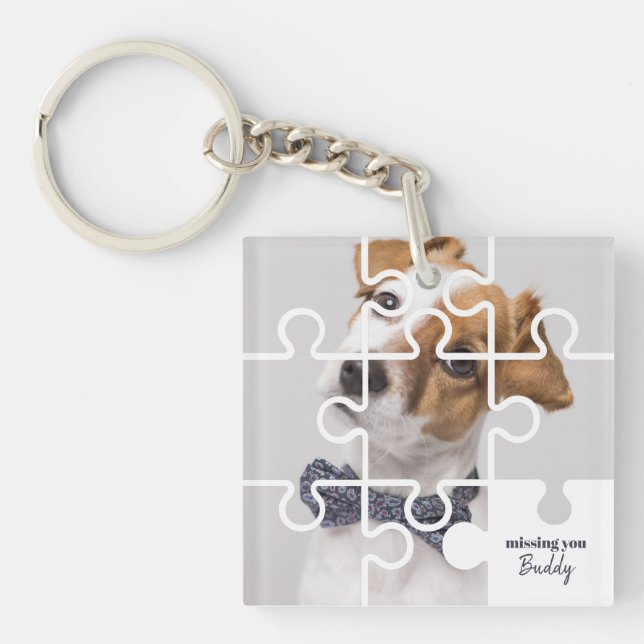 Missing You Modern Puzzle Family Pet Photo Name Keychain (Front)