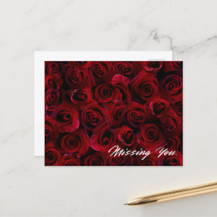"Missing You" postcard with beautiful red roses