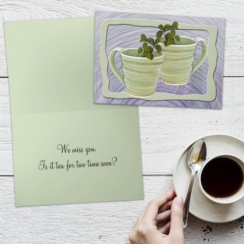 Missing You Tea Time Green Mugs Mint Sprigs Photo Card