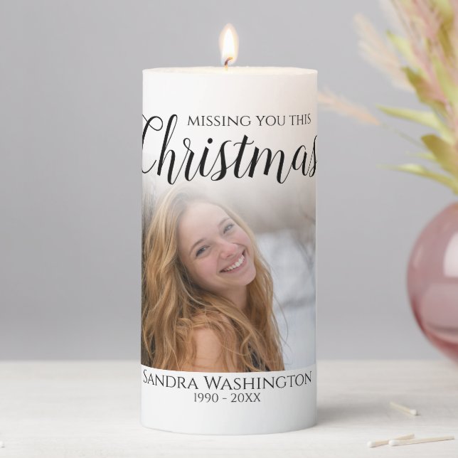 Missing You This Christmas | Photo Memorial Pillar Candle (In Situ)