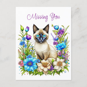 Missing You Watercolor Siamese Cat in Flowers Postcard