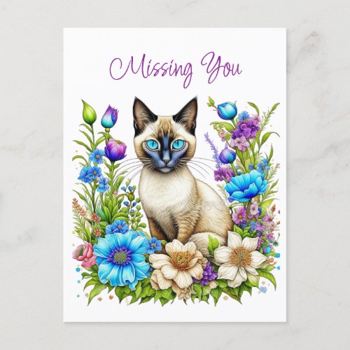 Missing You  Watercolor Siamese Cat in Flowers  Postcard