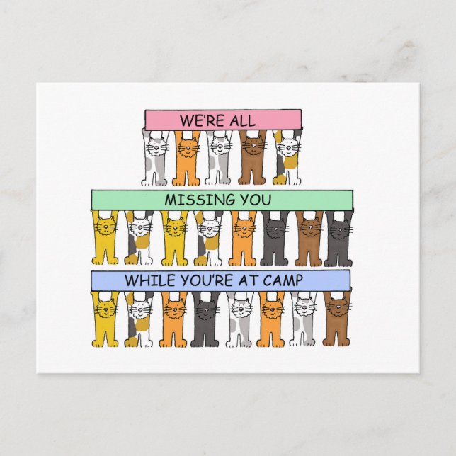 Missing You While You are at Camp Cartoon Cats Postcard (Front)