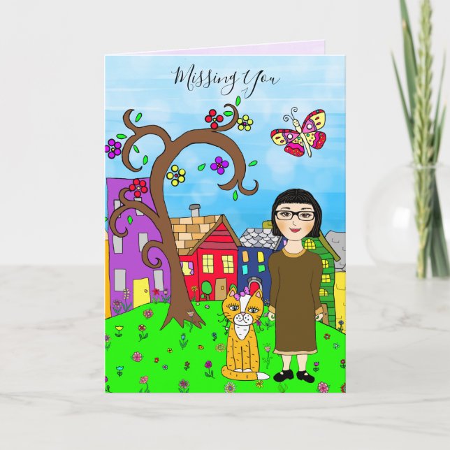 Missing You, Whimsical Lady and Cat Friendship Card (Front)