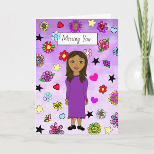 Missing You Whimsical Lady with Flowers Card