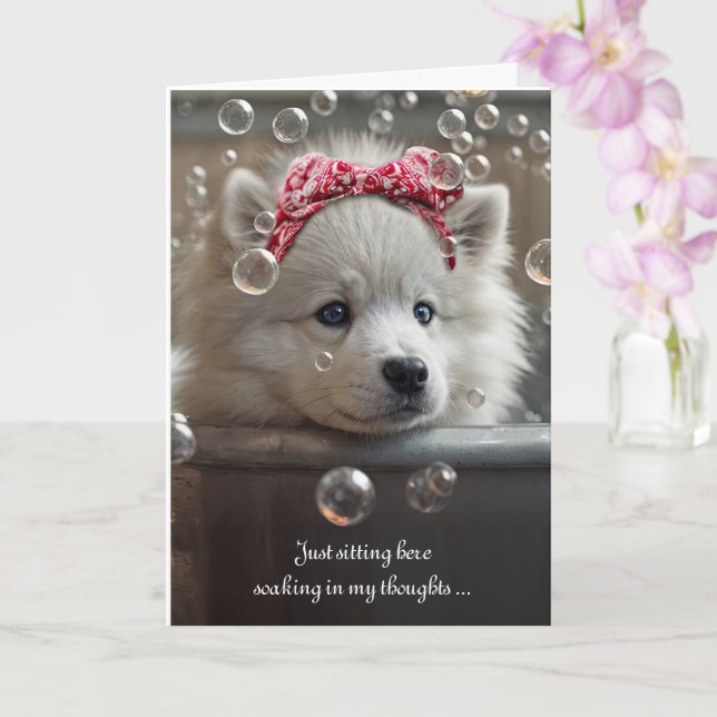 Missing You with Cute Samoyed Type White Dog Card (Orchid)
