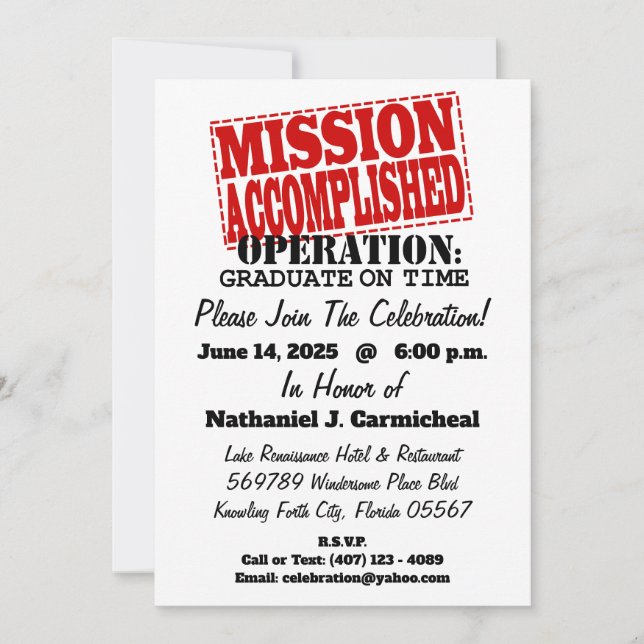 MISSION ACCOMPLISHED Operation Graduate On Time Invitation (Front)