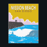 Mission Beach California Travel Art Vintage Postcard<br><div class="desc">Mission Beach in a vector art style. Spanning just over a mile in length,  Mission Beach is at the center of the Golden Strand,  between South Mission Beach and Pacific Beach.</div>