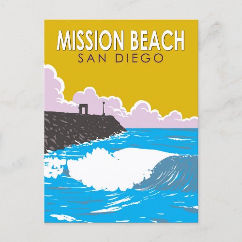 Mission Beach California Travel Art Vintage Postcard