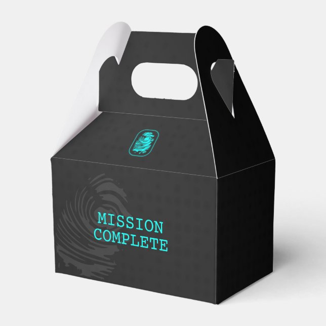 MISSION COMPLETE Teal and Black Spy Party Favor Boxes (Front Side)