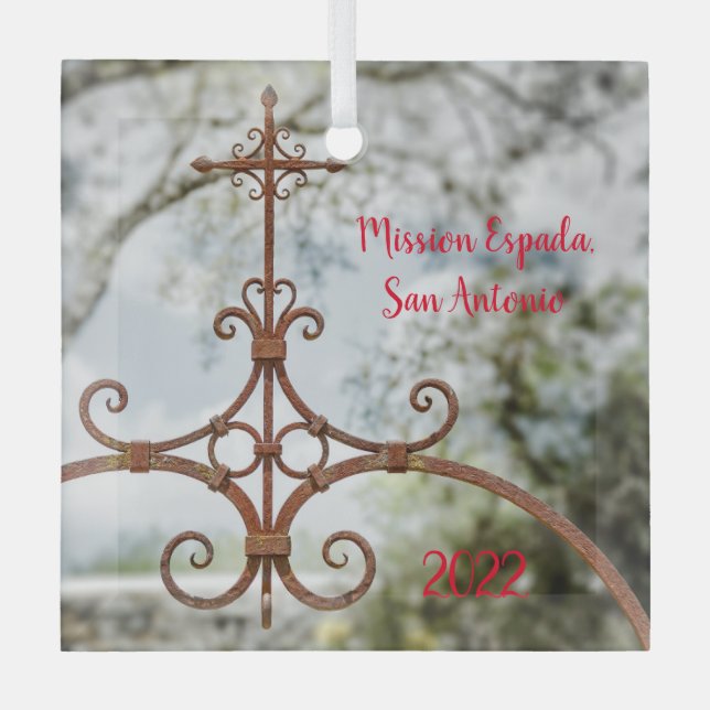 Mission Espada, Wrought Iron Cross, Glass Ornament (Front)