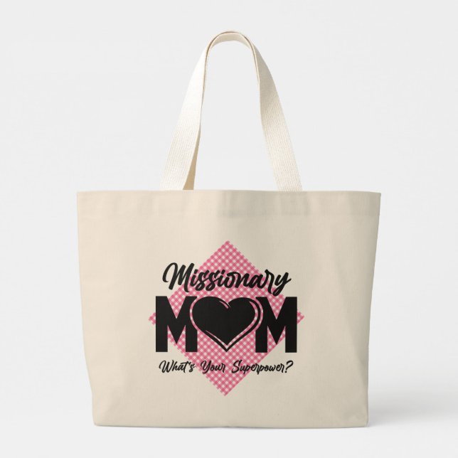 Missionary Mom LDS Mormon Mom pink check Tote Bag (Back)