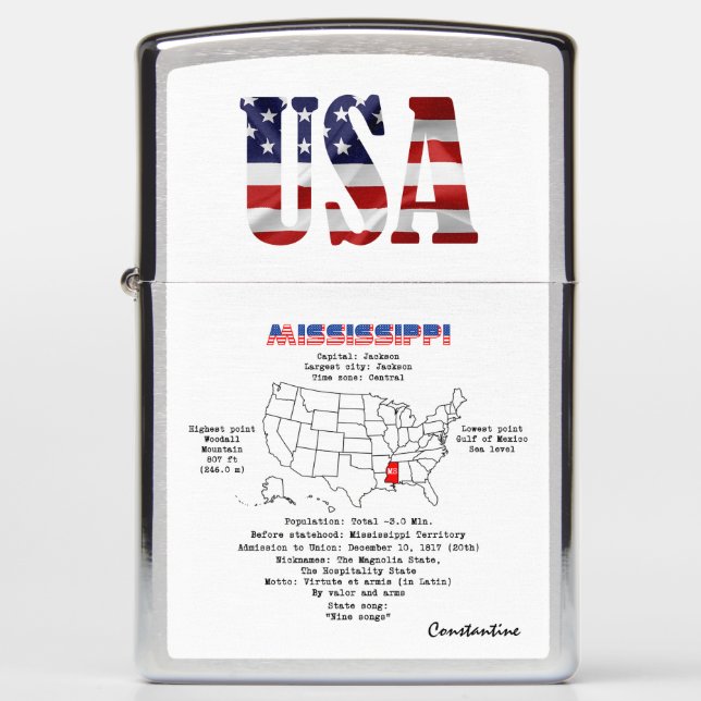 Mississippi American state on a map and details Zippo Lighter (Front)