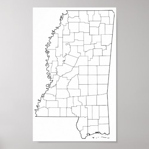 Mississippi Counties Blank Outline Map Poster