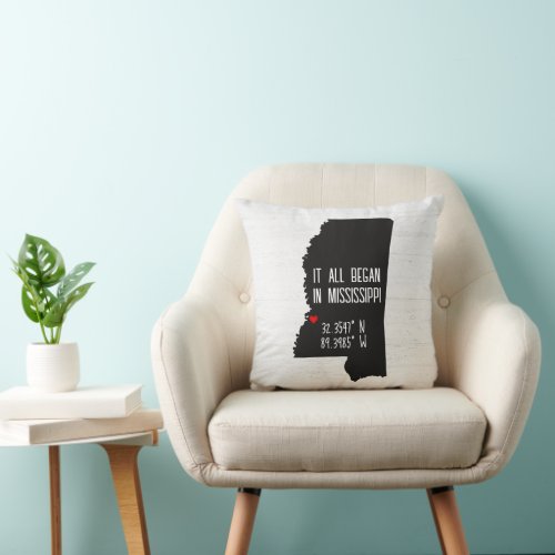 Mississippi GPS Coordinates with Heart Throw Pillow