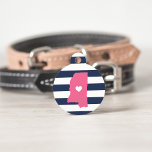 Mississippi Heart Pet ID Tag<br><div class="desc">Let your furry friend show some home state pride with this cute Mississippi pet ID tag. Design features a white silhouette map of the state of Mississippi in pink with a white heart inside, on a preppy navy blue and white stripe background. Add your pet's name and contact information to...</div>