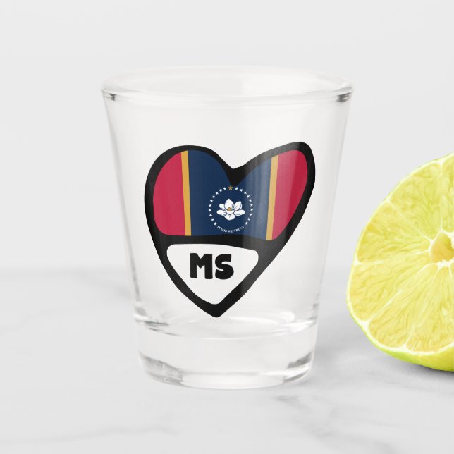 Mississippi, MS State Flag In Heart, Shot Glass (Front)