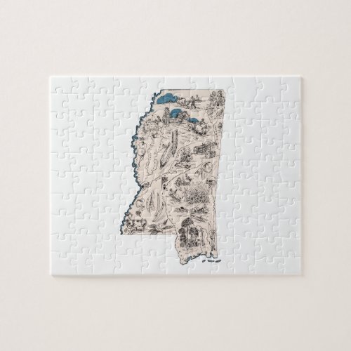 Mississippi Outline Shaped Vintage Picture Map Jigsaw Puzzle