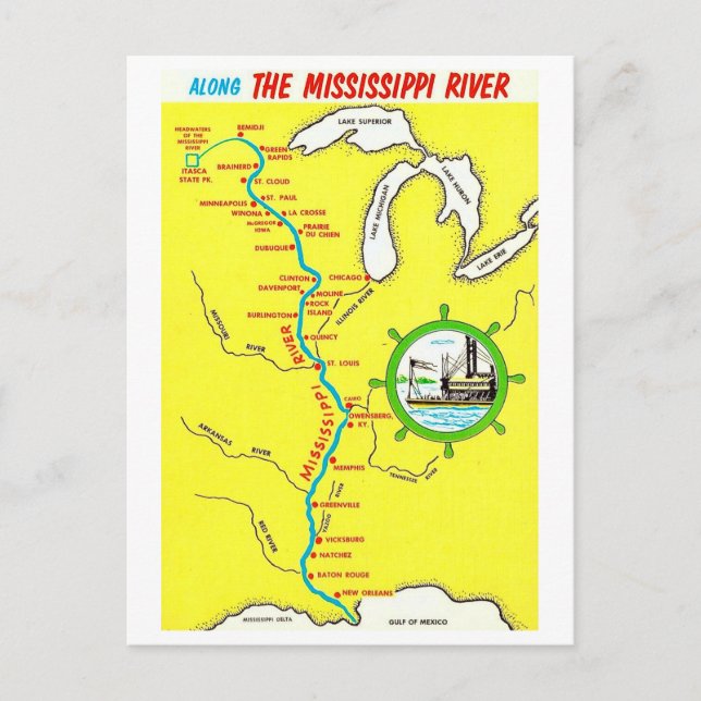 Mississippi River Map Vintage Postcard (Front)