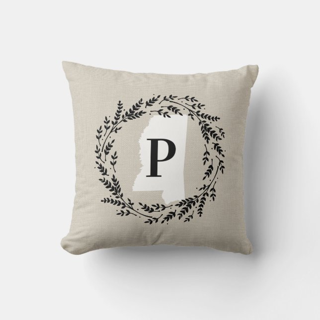 Mississippi Rustic Wreath Monogram Throw Pillow (Front)