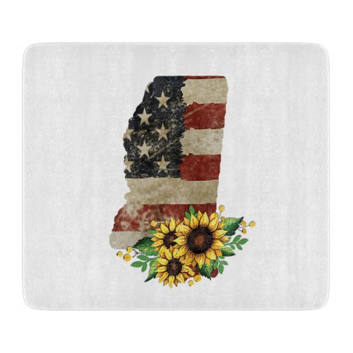 Mississippi State Map US Flag Sunflower Glass Cutting Board
