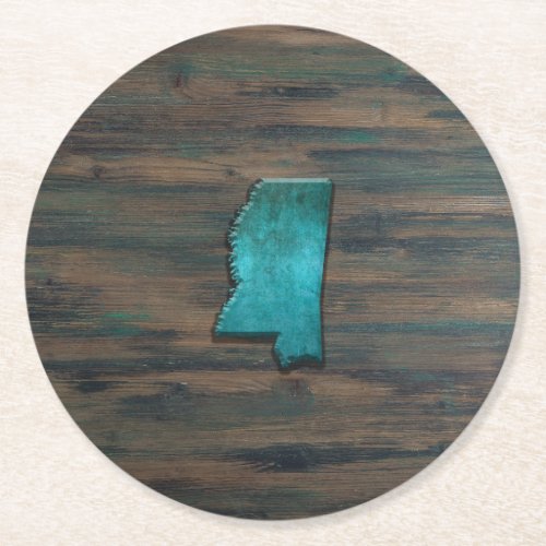 Mississippi State Shape Teal Round Paper Coaster