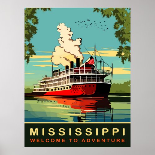 Mississippi Steamboat Cruiser Vintage Travel Poster