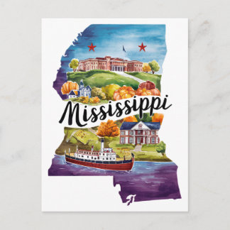 Mississippi USA State Shaped Vintage Watercolor Postcard