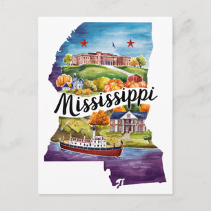 Mississippi USA State Shaped Vintage Watercolor Postcard