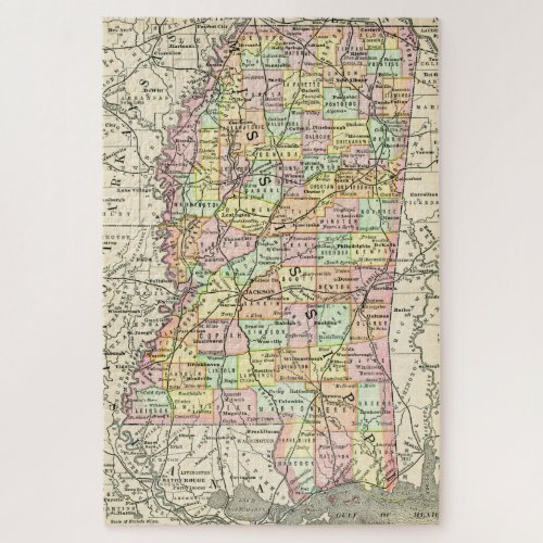 Mississippi Vintage Cities  Roads Colorful Map Jigsaw Puzzle