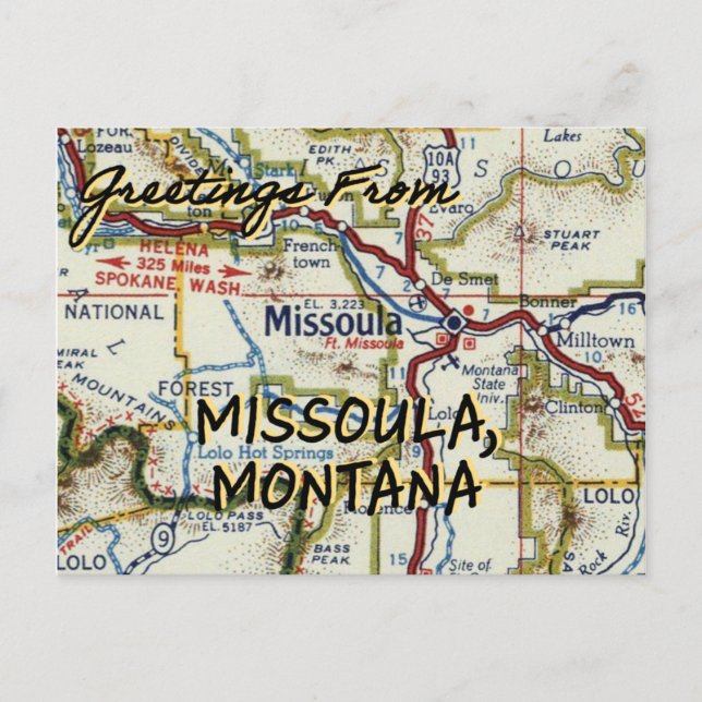 Missoula MT Vintage Map Postcard (Front)