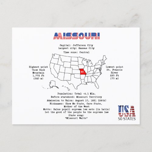 Missouri American state on a map and useful info Holiday Postcard