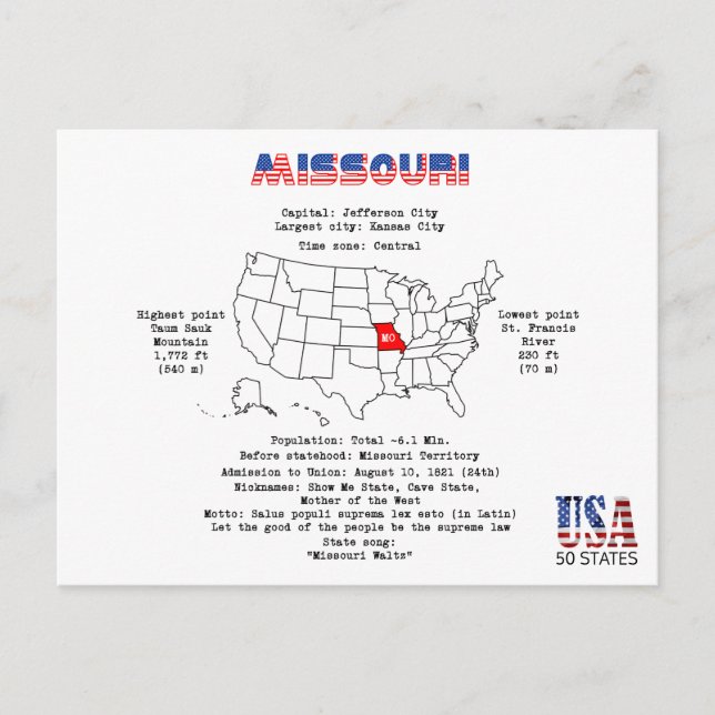 Missouri American state on a map and useful info Holiday Postcard (Front)