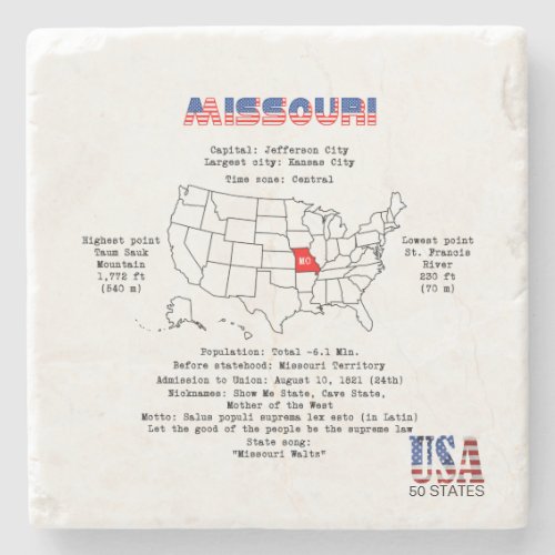 Missouri American state on a map and useful info Stone Coaster