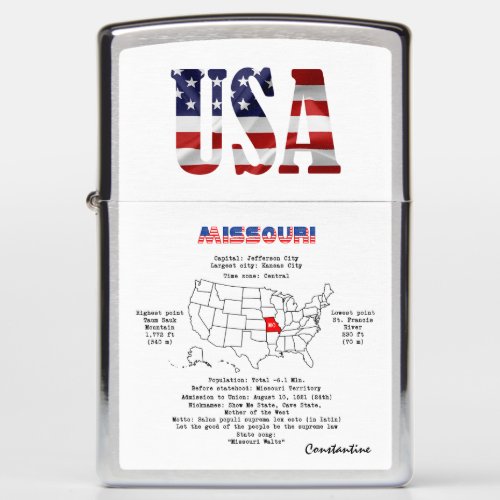 Missouri American state on a map and useful info Zippo Lighter